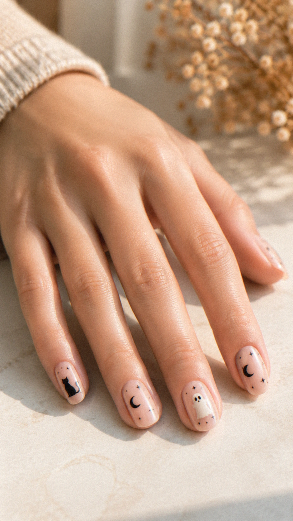 cat moon ghost halloween nails