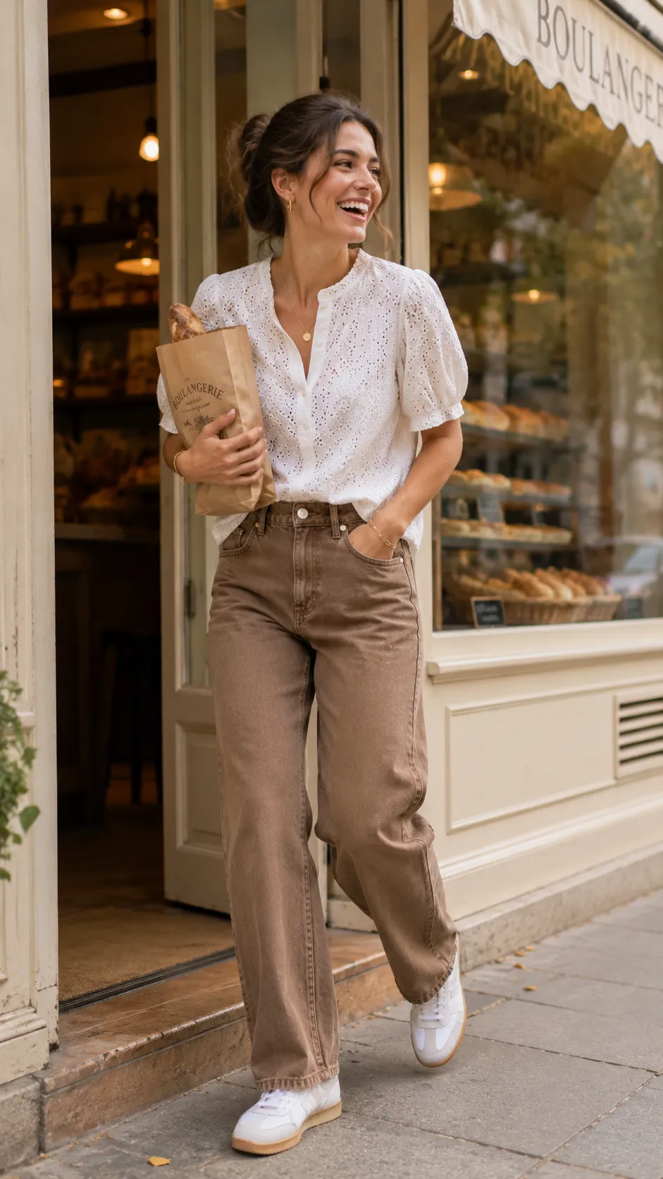 eyelet top relaxed jeans outfit 