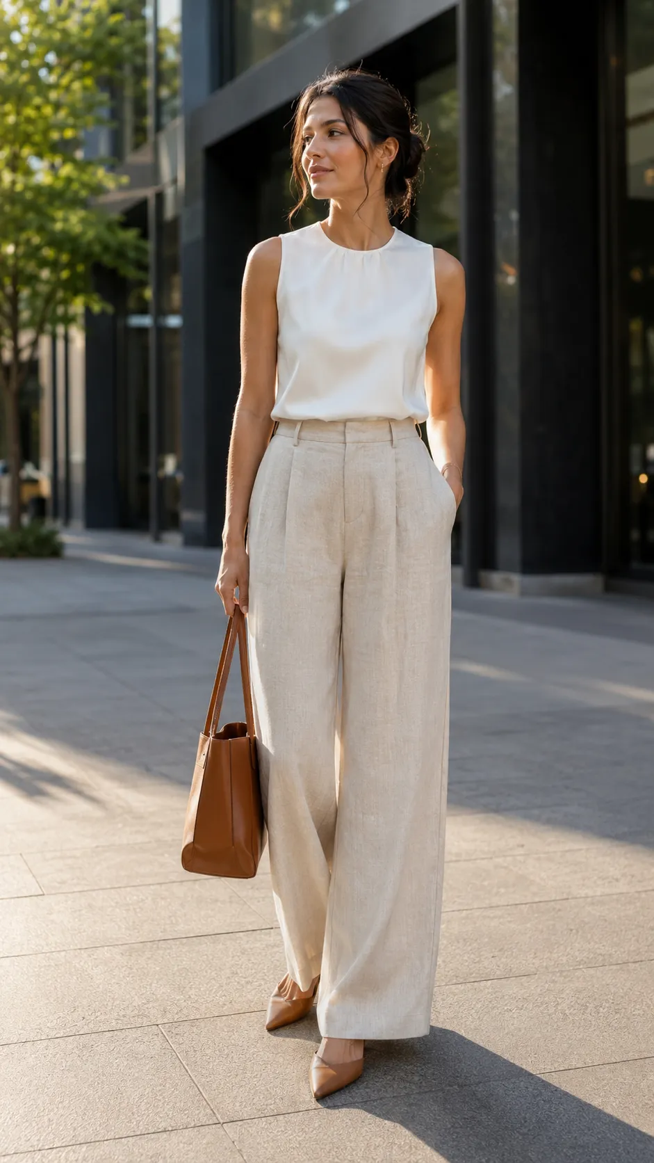 cream linen trousers office outfit