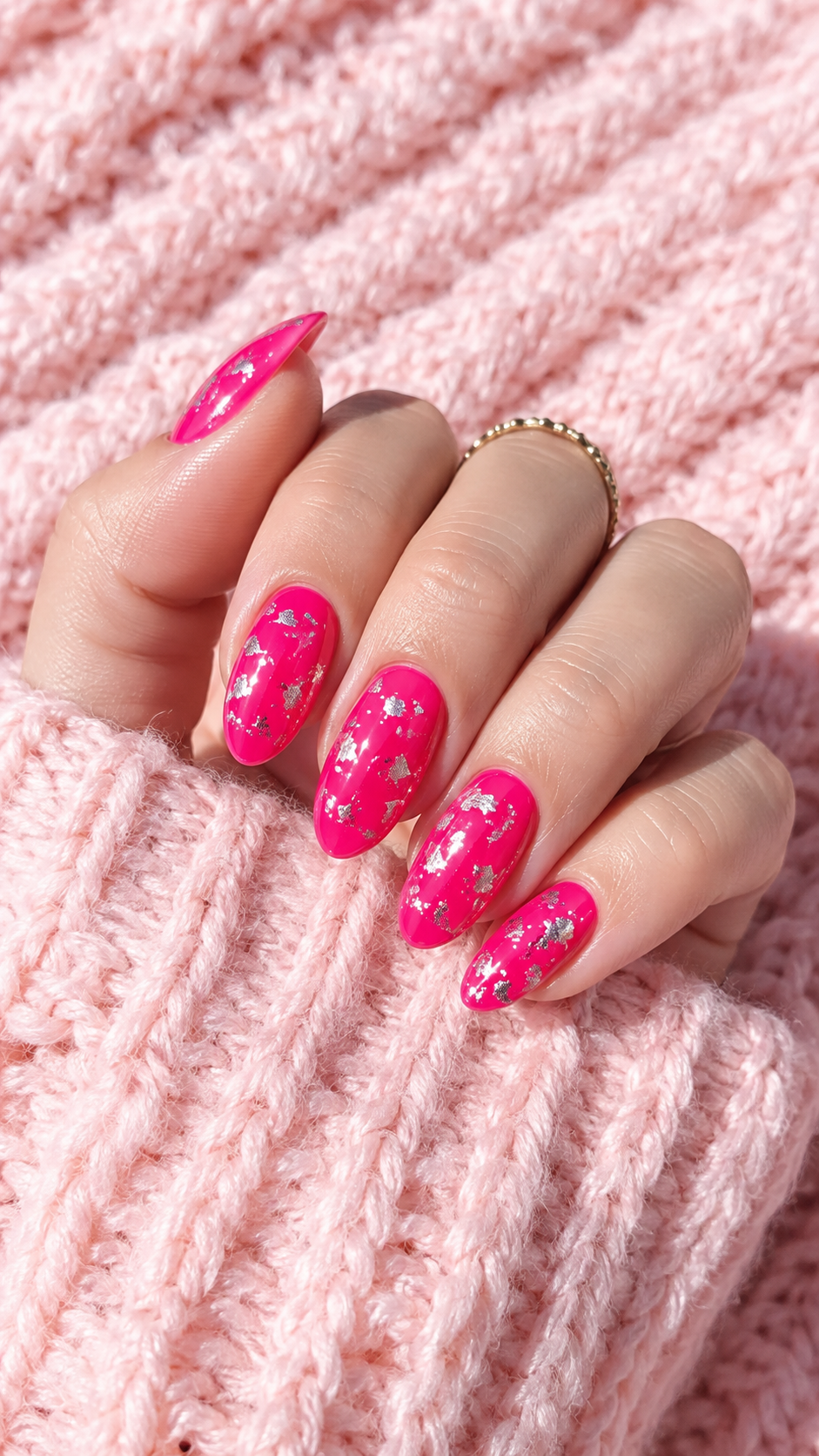 Barbiecore hot pink nails with silver foil, hot pink manicure inspo.