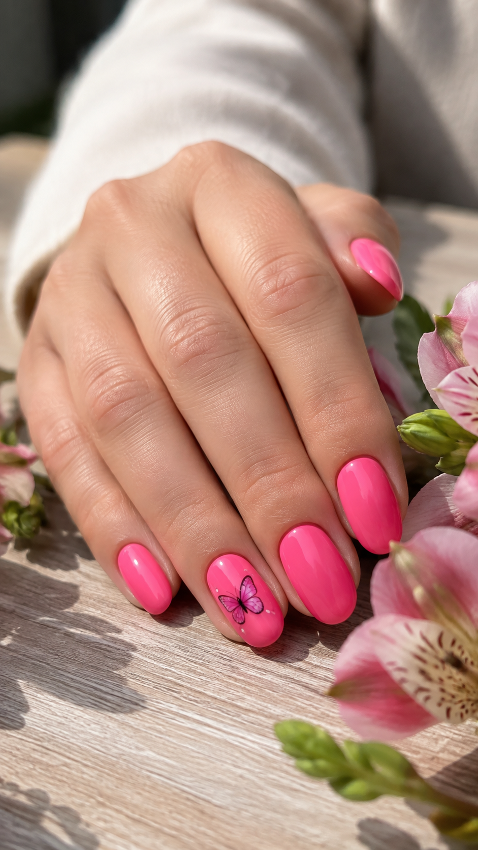 Hot pink butterfly nail art, summer nail design idea.