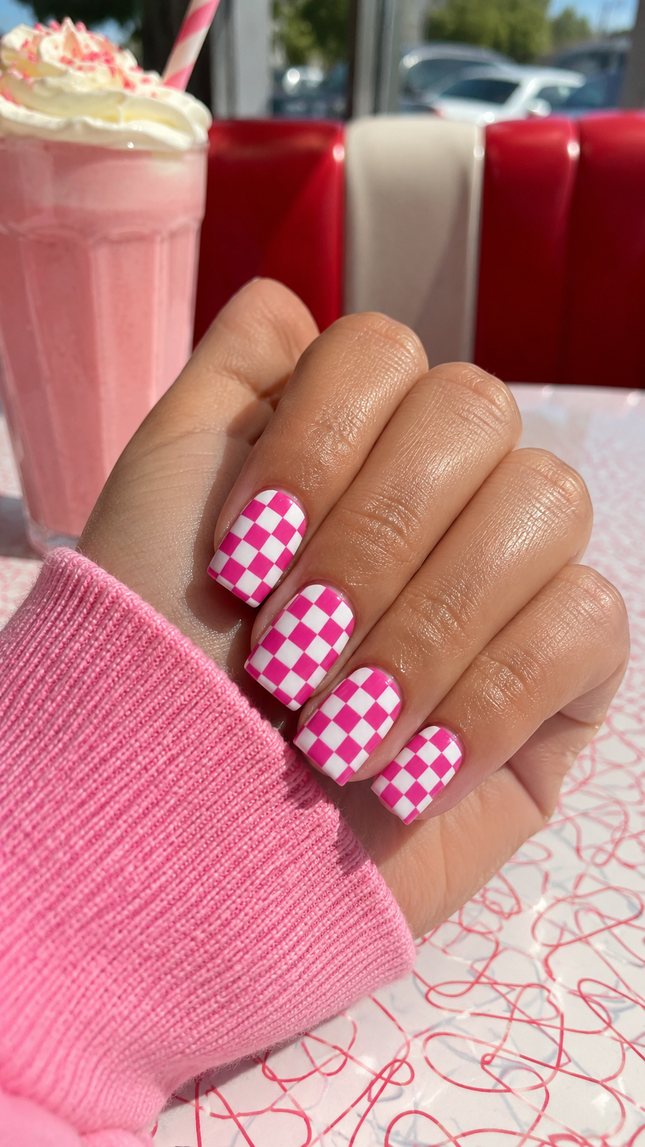 Hot pink checkerboard nail art design, retro manicure idea.