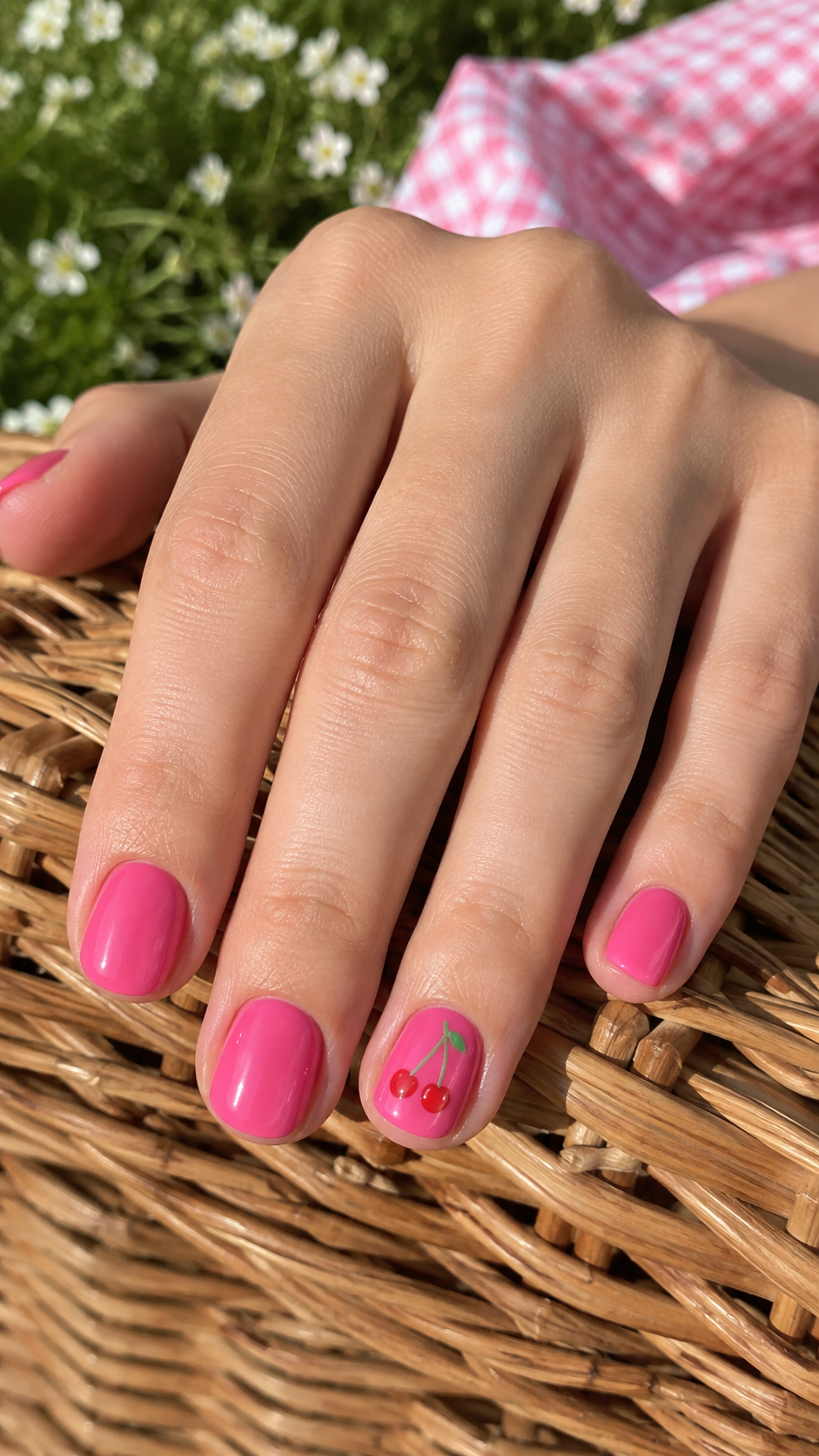 Hot pink summer nails with cherry nail art design.