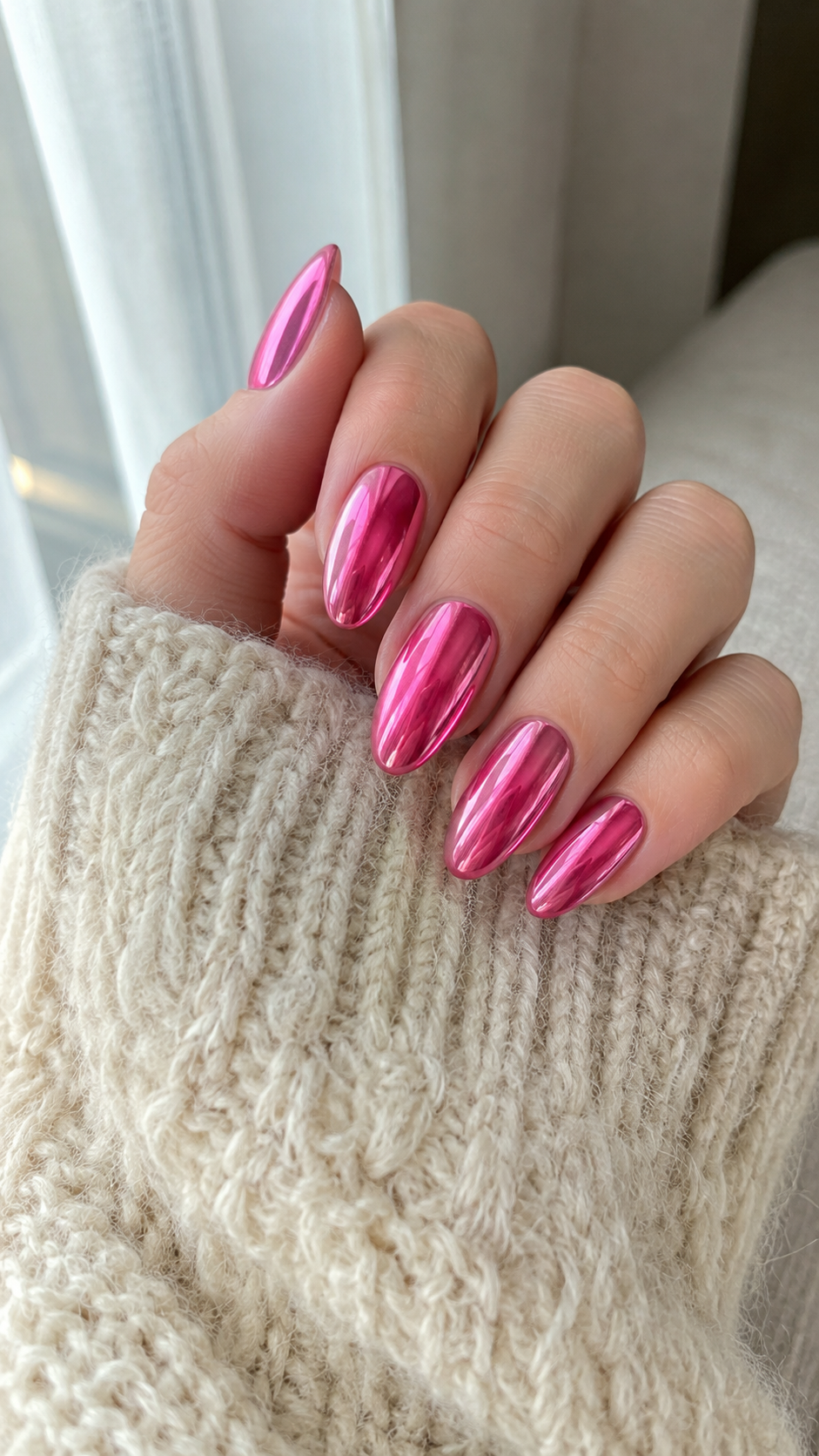 Glossy hot pink chrome almond nail design on natural-looking hand photo.