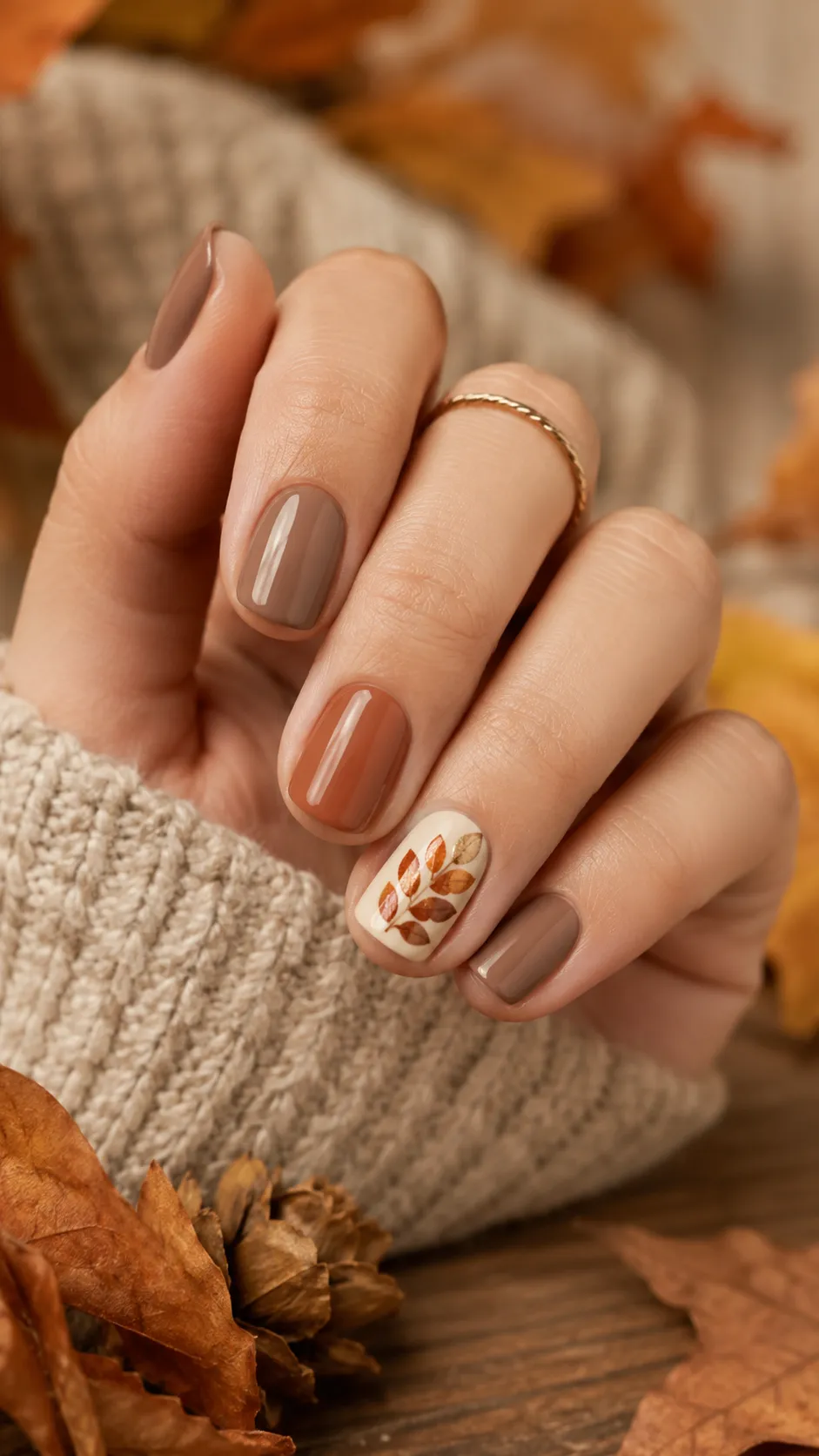 copper thumbprint leaf fall nail art