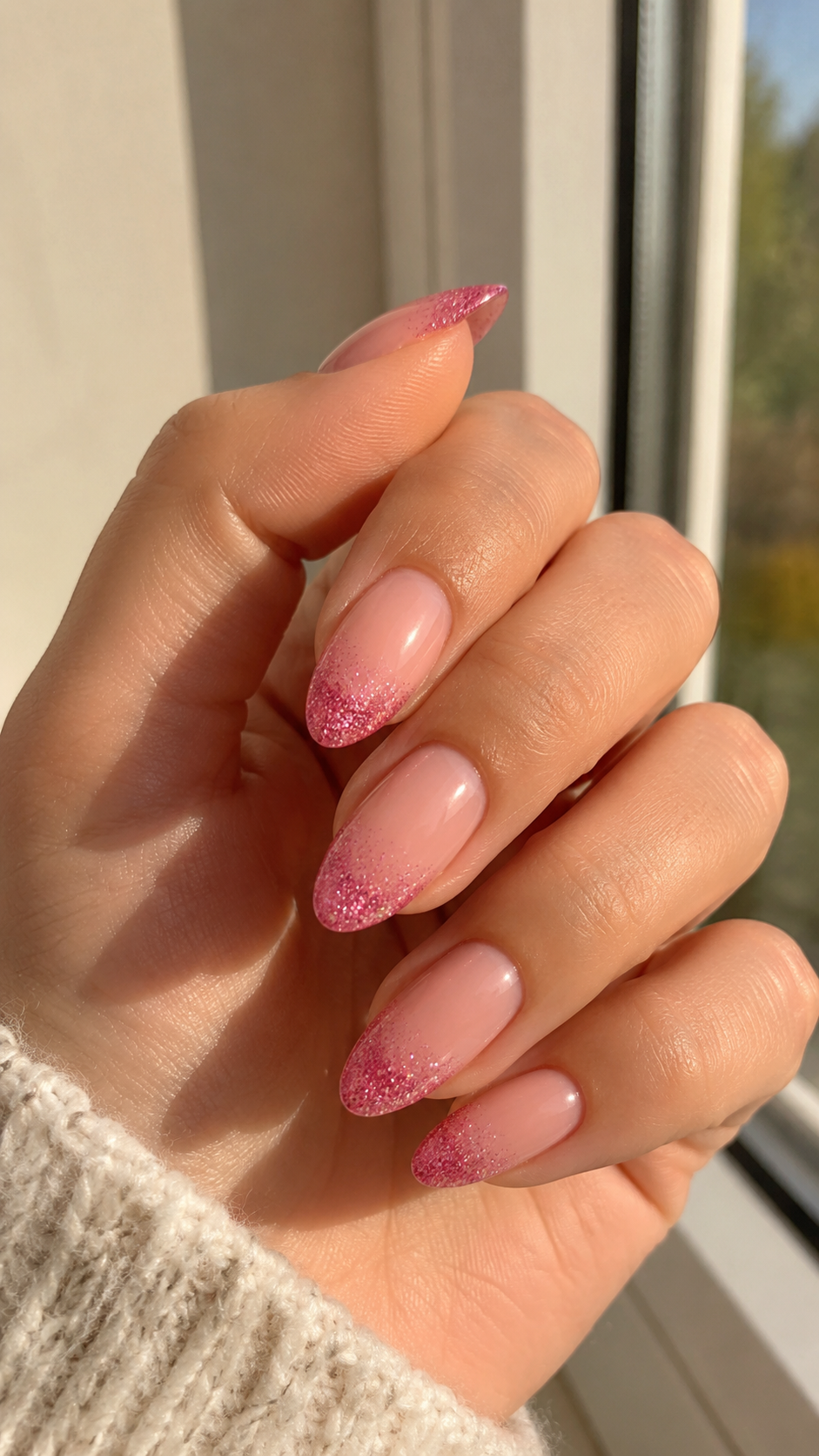 Hot pink glitter ombre tip nail art design.
