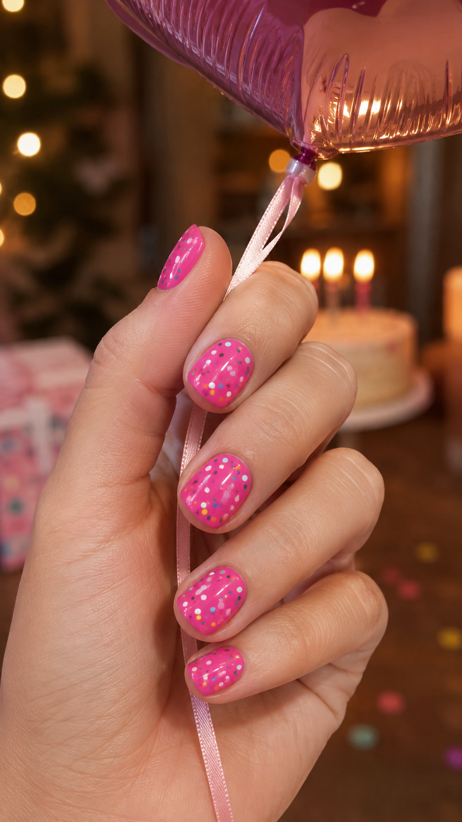 Hot pink confetti birthday nail art design idea.