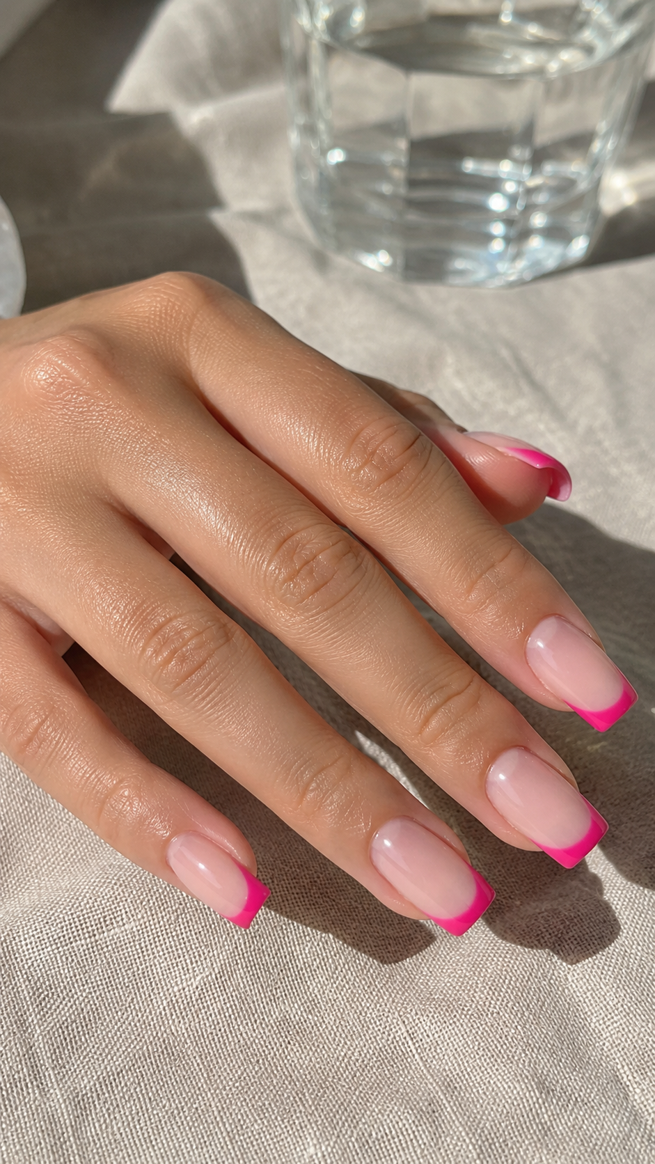 Hot pink French tip nail art on nude base, cute hot pink nails design