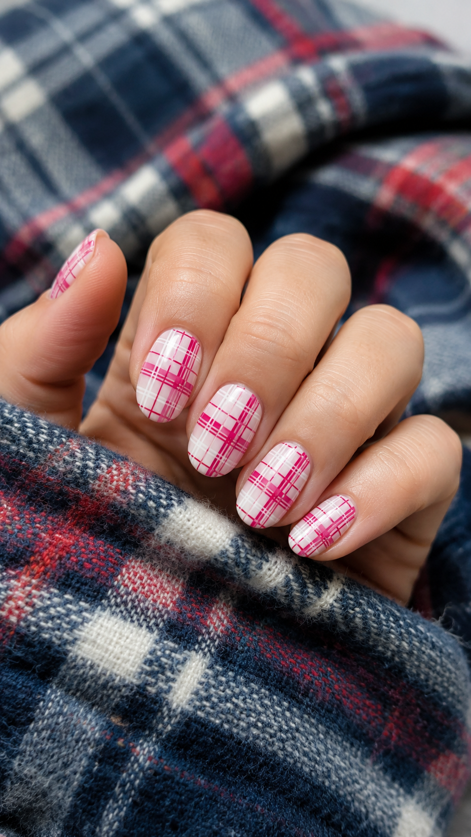 Hot pink plaid nail art design, cozy textured manicure idea.