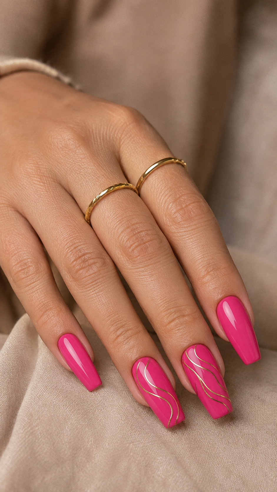 Hot pink and gold foil nail art, luxe hot pink manicure design.