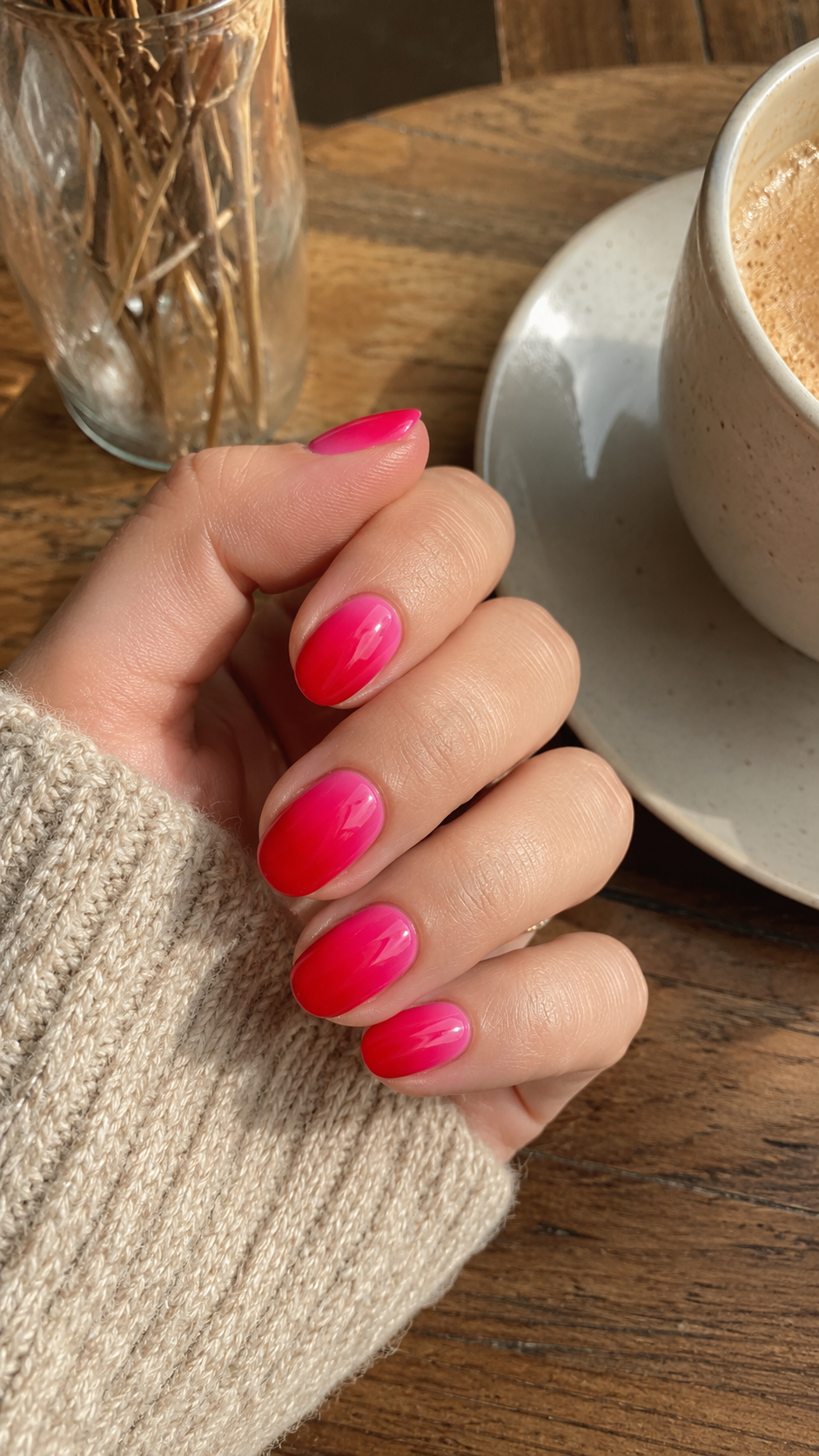 Hot pink and red ombre nail art, warm gradient manicure inspo.
