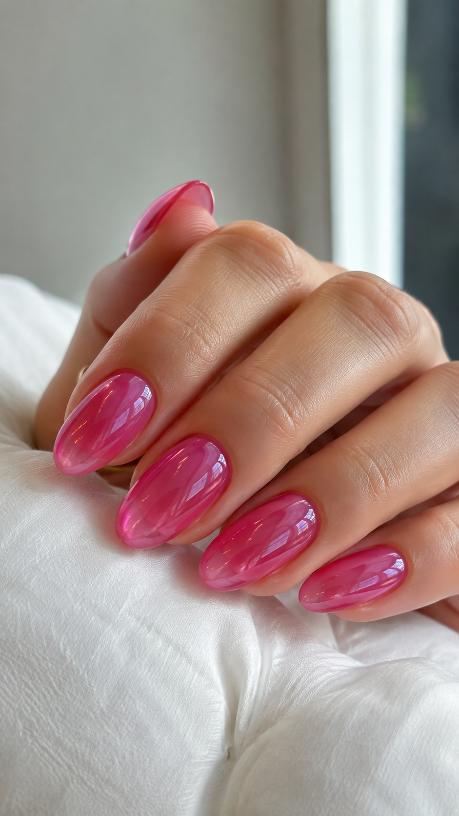 Hot pink jelly glaze nail art, glossy sheer manicure idea.