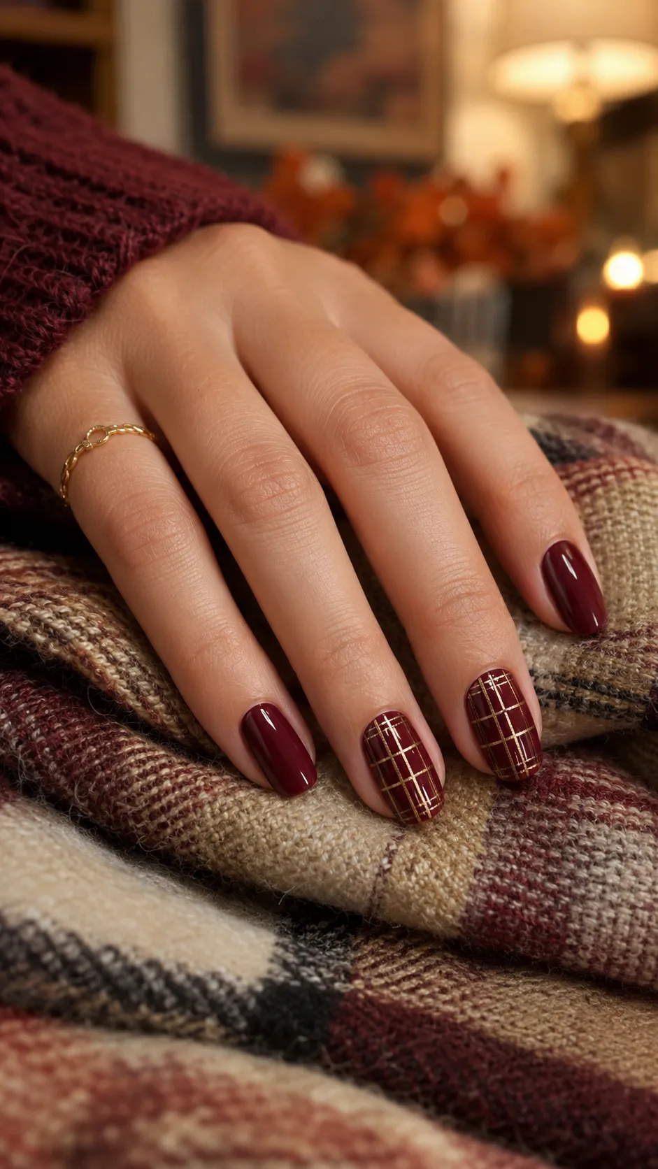 minimalist plaid accent fall nails