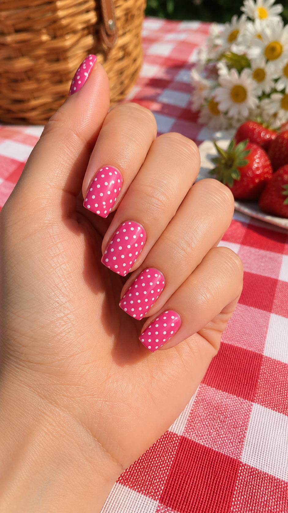Hot pink polka dot nail design, cute DIY nail art idea.