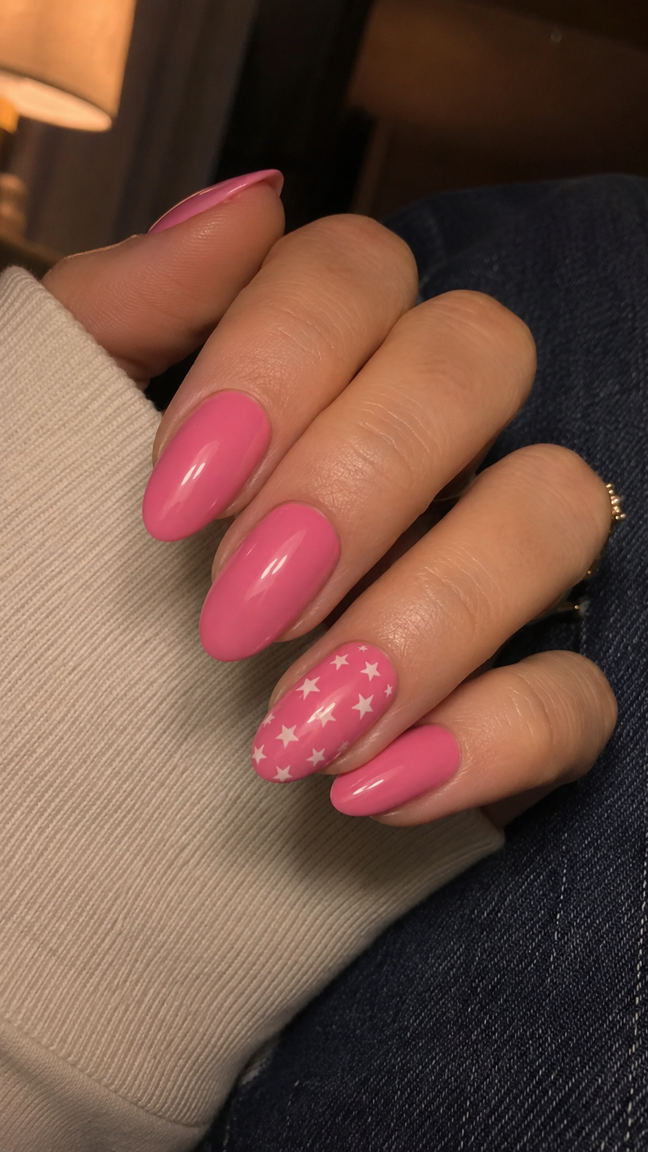 Hot pink star accent nail art design idea.