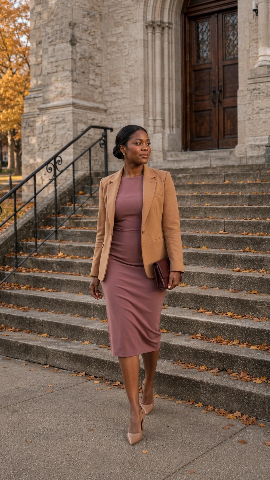 Woman in a tailored blazer over a modest sheath dress ascending stone church steps surrounded by scattered autumn leaves, a polished fall church outfit