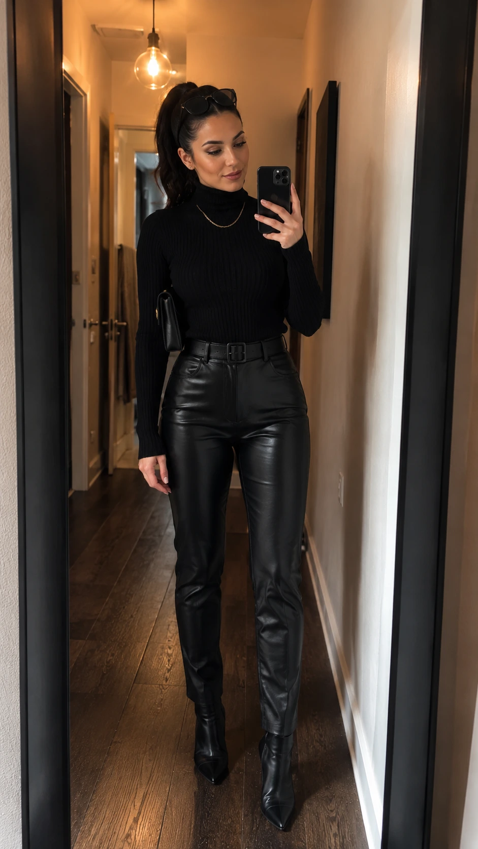Woman in black ribbed turtleneck and high-waisted faux-leather trousers nailing a wearable Catwoman Halloween look without full latex