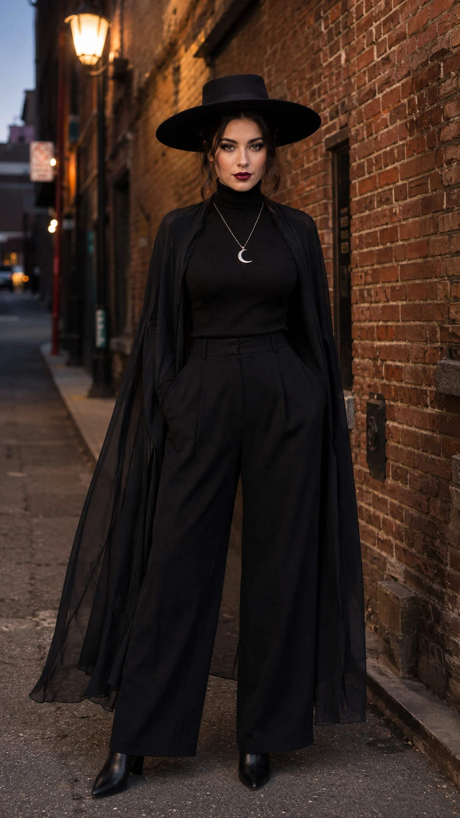 A woman in tailored black wide-leg trousers, fitted turtleneck, and structured wide-brim felt hat styled as a modern Halloween witch on a dimly lit urban street at dusk