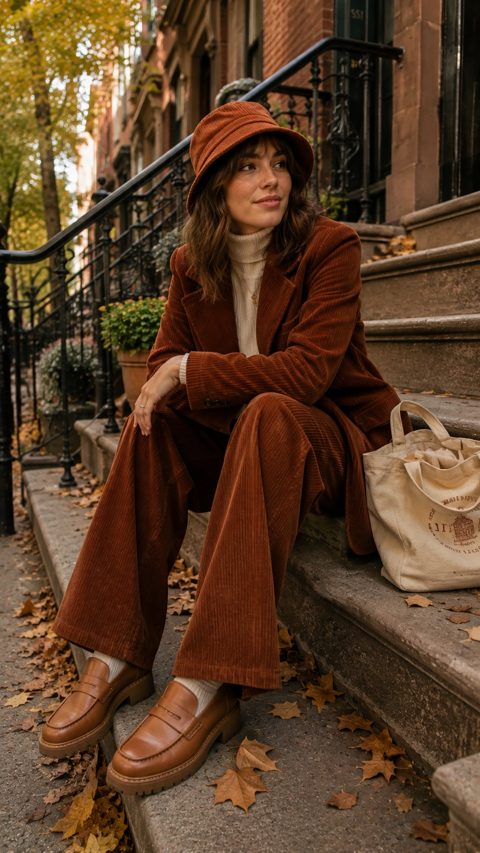 Woman in wide-wale corduroy sitting on brownstone steps surrounded by autumn foliage, capturing the effortless 70s fall outfits aesthetic