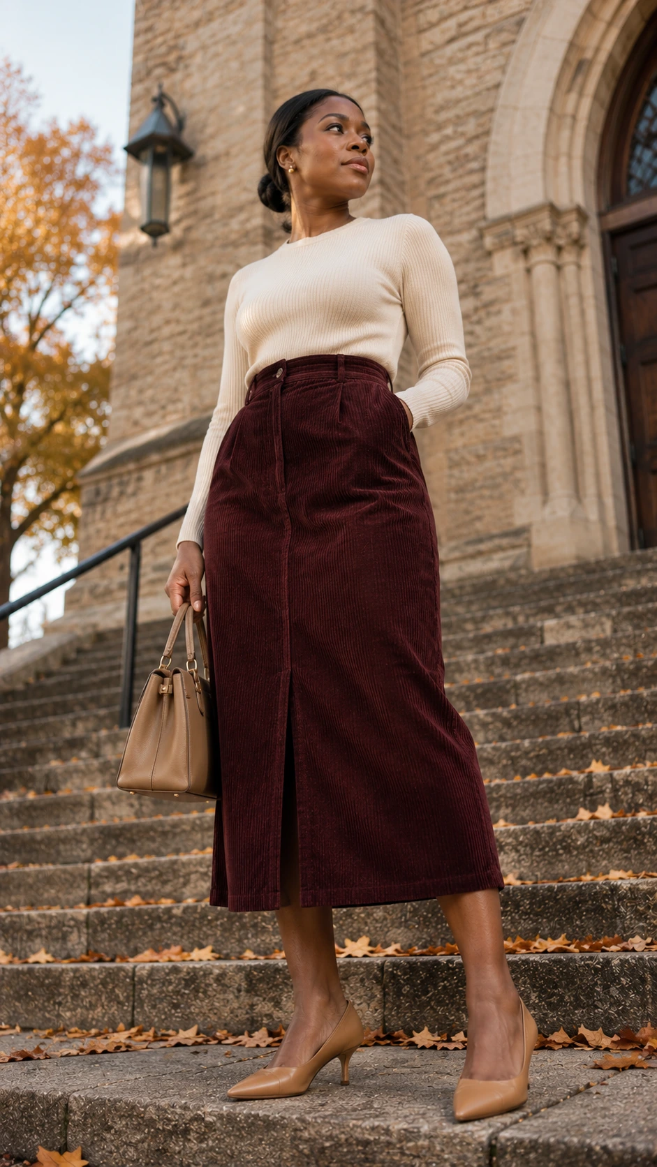 Woman on stone church steps wearing a burgundy corduroy midi skirt and cream ribbed knit top — a modest, polished fall church outfit