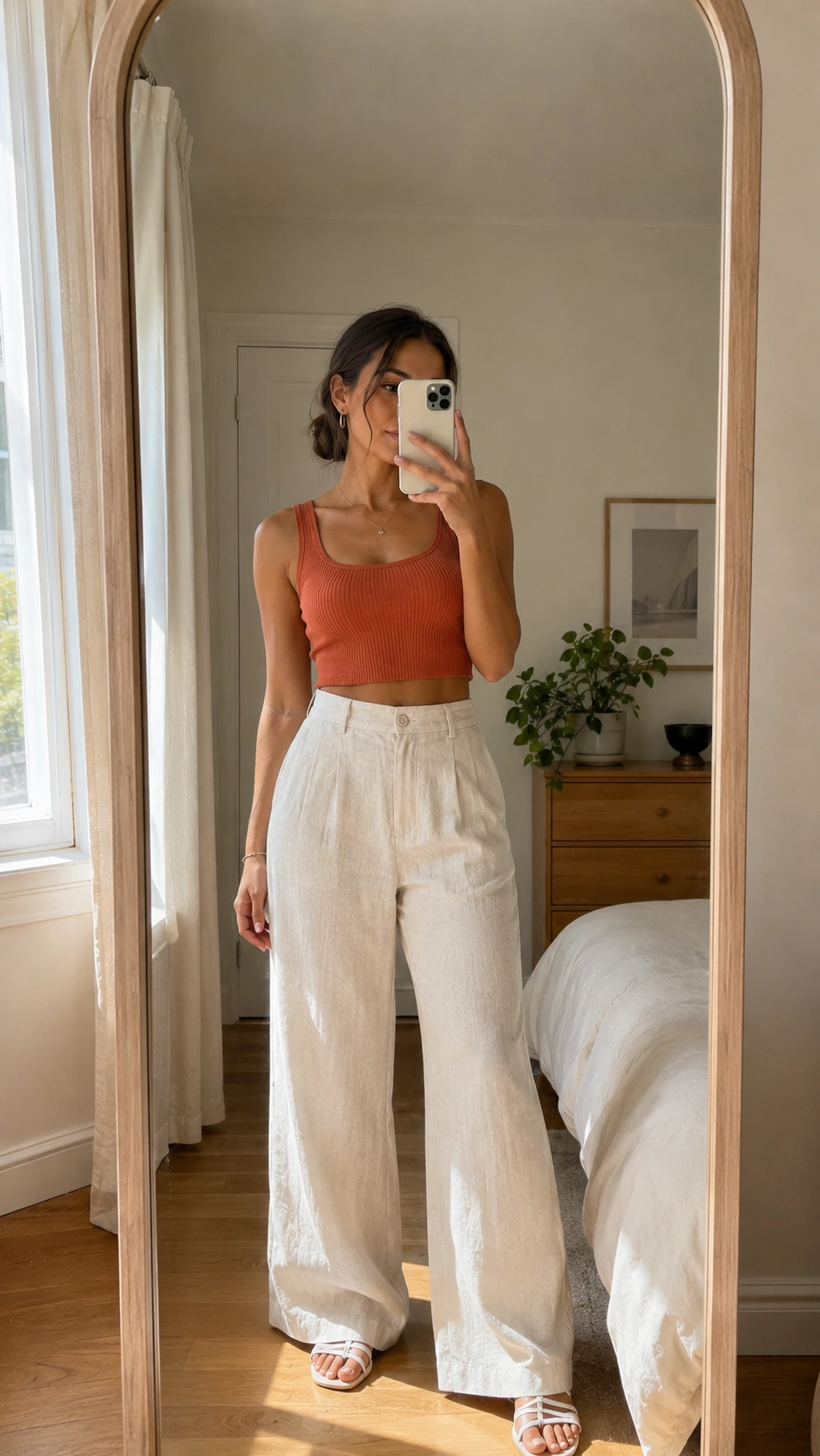 Petite woman in cropped terracotta top and wide-leg ivory linen trousers capturing a mirror selfie, showing how a cropped top visually lengthens the silhouette
