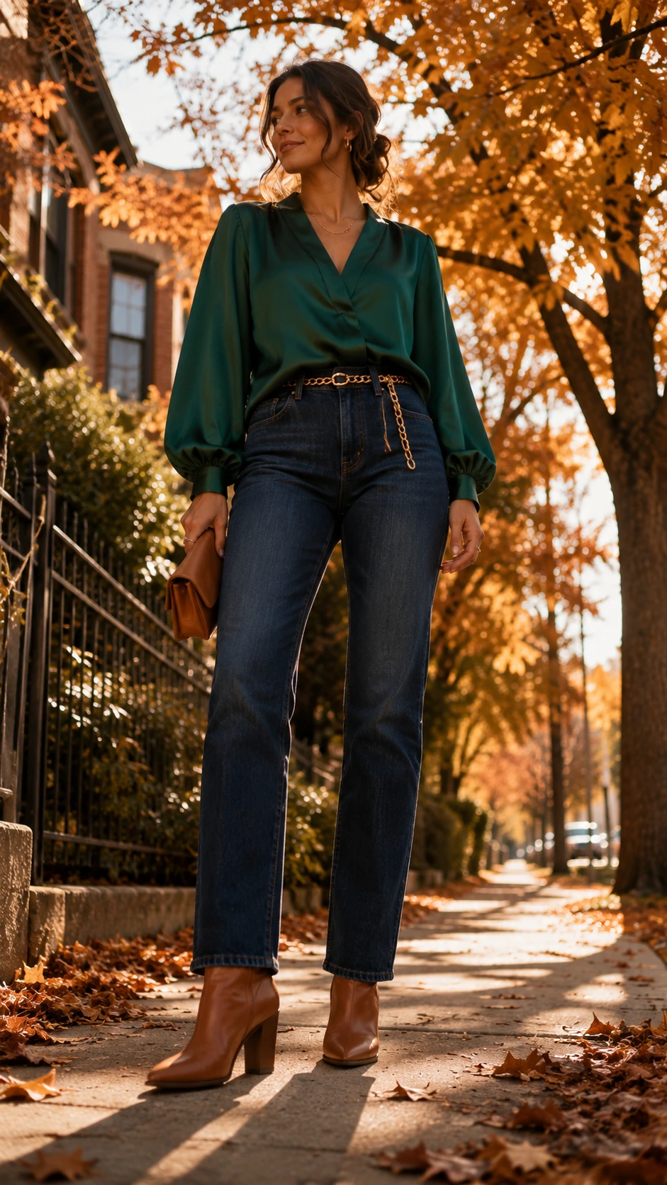 Woman in dark indigo straight-leg jeans and emerald green satin statement blouse standing on a leaf-covered sidewalk in warm autumn afternoon light