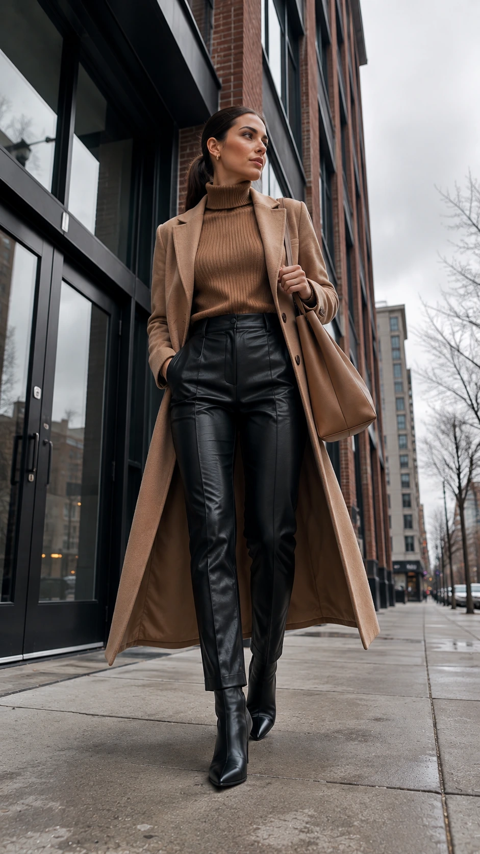 Woman in fitted black leather pants and caramel ribbed turtleneck outside a glass-and-brick office building, a polished winter work outfit done right