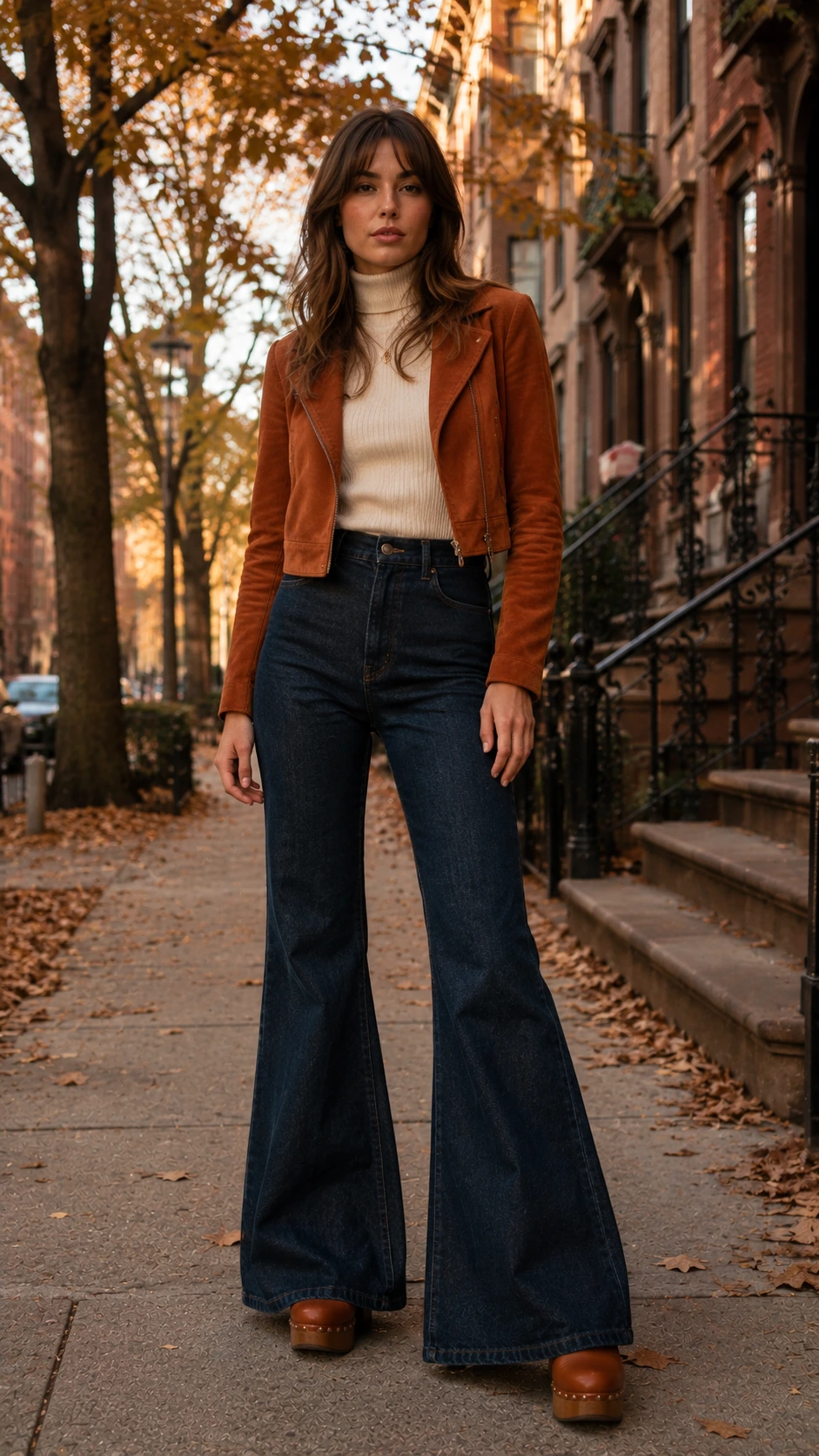 Woman in high-waisted flare jeans and platform clogs on a tree-lined sidewalk, channeling 70s fall outfits with deep indigo denim and a feathered shag haircut