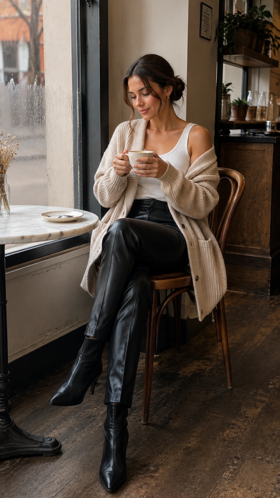 Woman in black leather pants and white ribbed tank layered under an oversized oatmeal chunky knit cardigan at a marble bistro table, showing a relaxed yet polished leather pants outfit work look