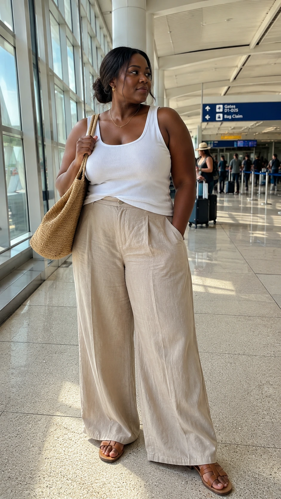 Plus size woman in sand beige wide-leg linen trousers standing confidently in a bright airport terminal, showcasing a breathable summer travel outfit