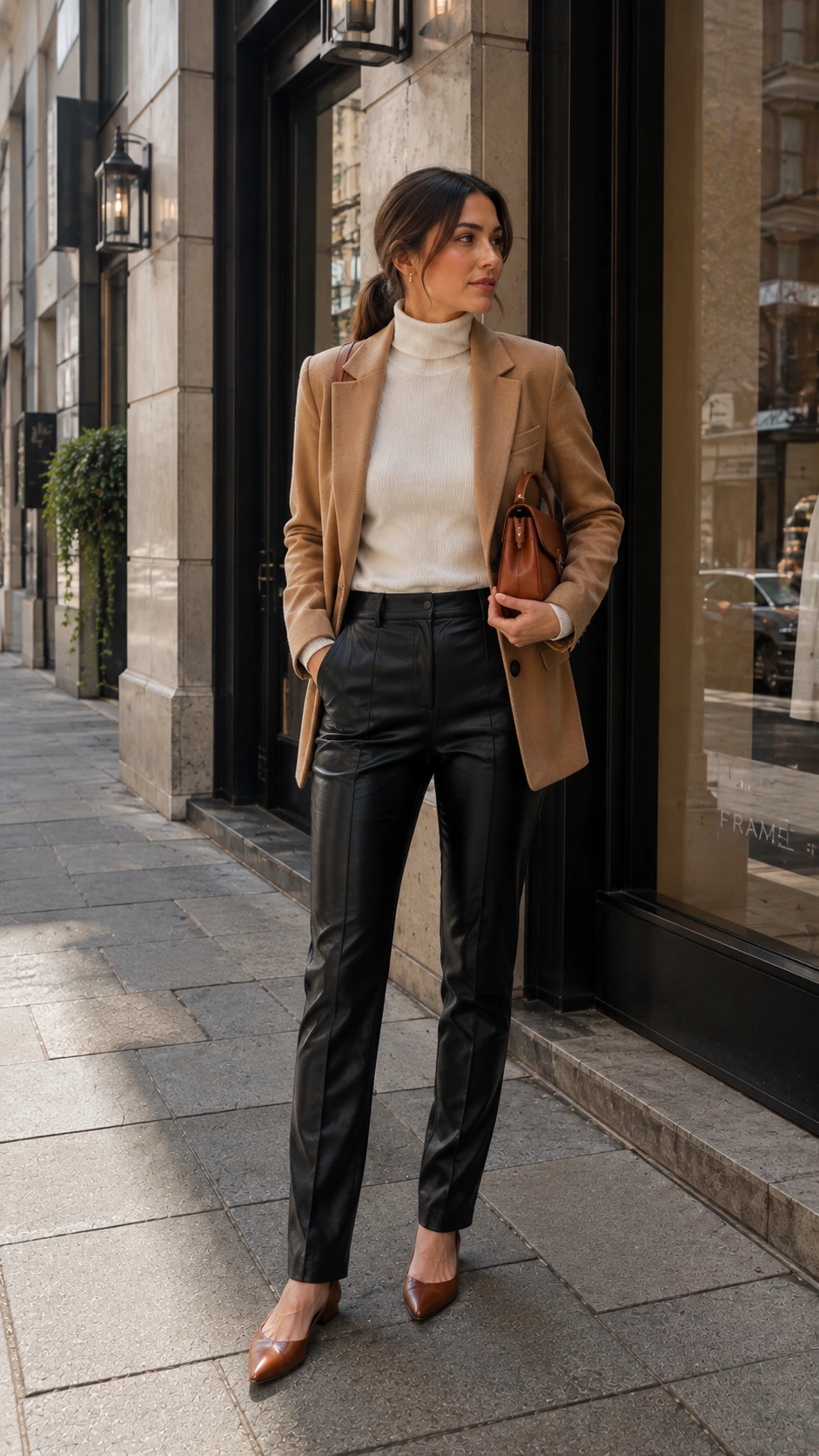 Woman in slim black leather pants, ivory turtleneck, and camel blazer paired with pointed flats for a polished leather pants work outfit
