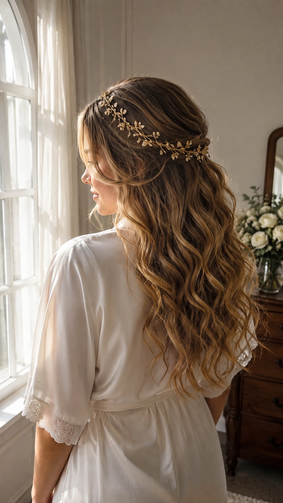 Bride with long loose romantic waves and a delicate hair vine photographed near an arched window in soft morning bridal suite light