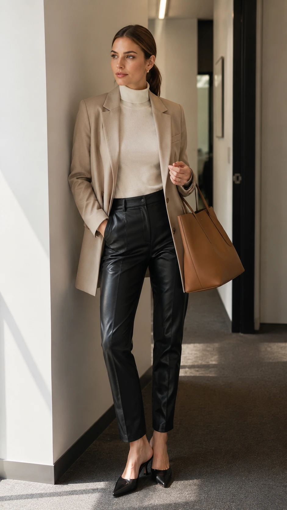 Woman in fitted black leather pants and a longline oatmeal blazer leans against a white office wall, showing how leather pants can look polished and work-appropriate