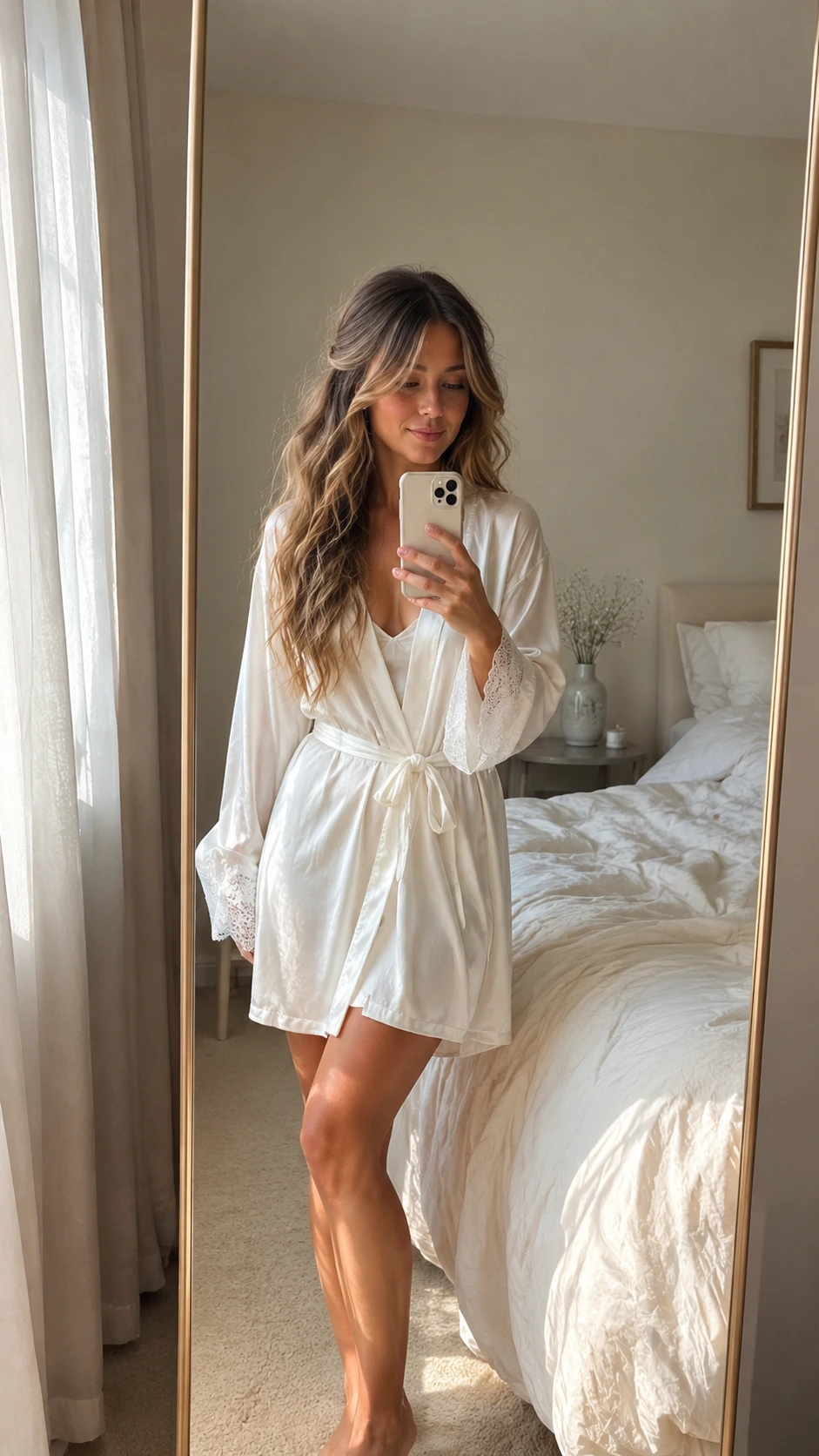 Bride with loose curtain bangs parted down the center, soft face-framing pieces blending seamlessly into an open bridal hairstyle in a bedroom mirror selfie