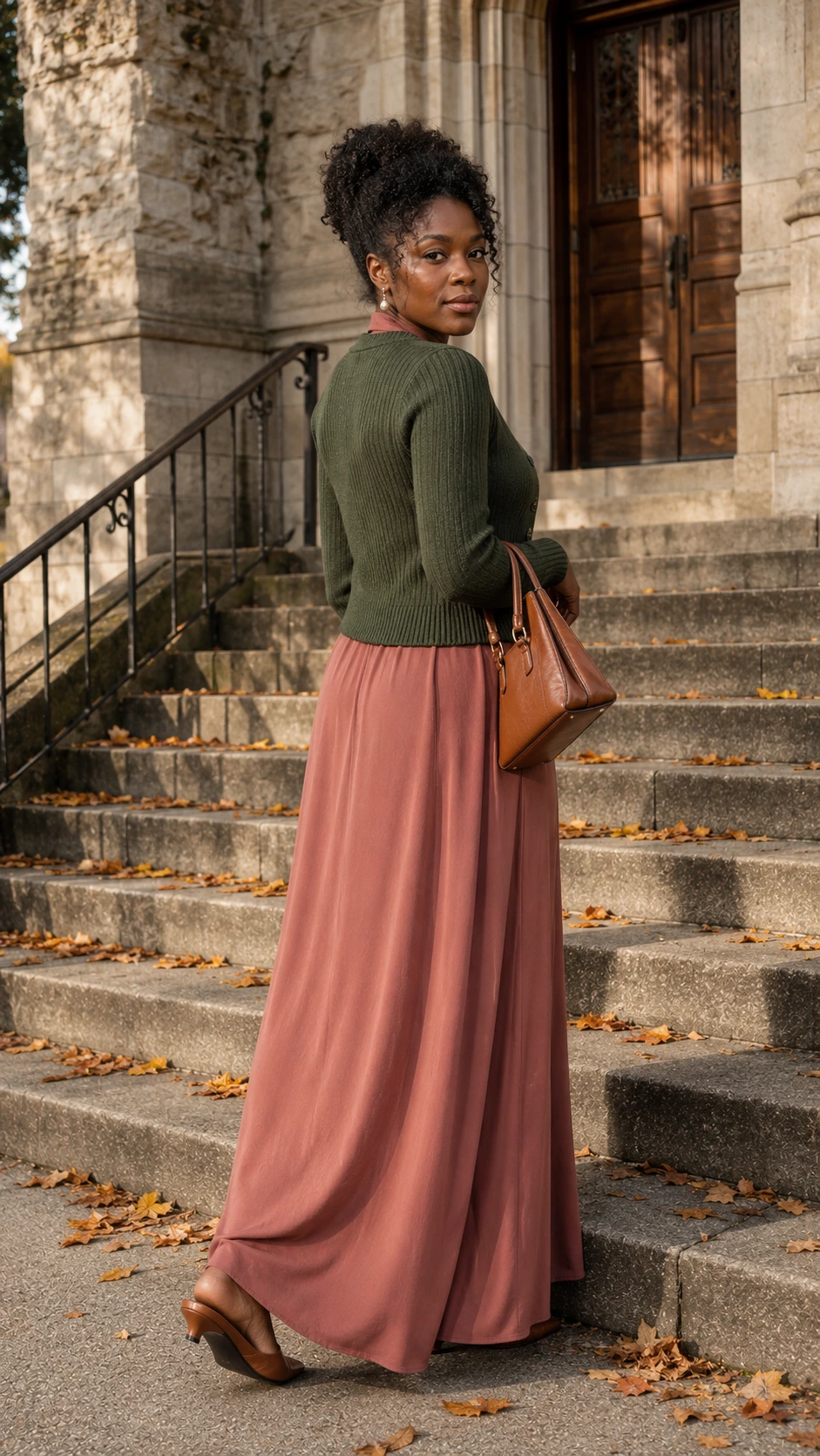 Woman in dusty rose maxi dress and fitted forest green cardigan pausing mid-turn on church stone steps, a modest fall church outfit done right