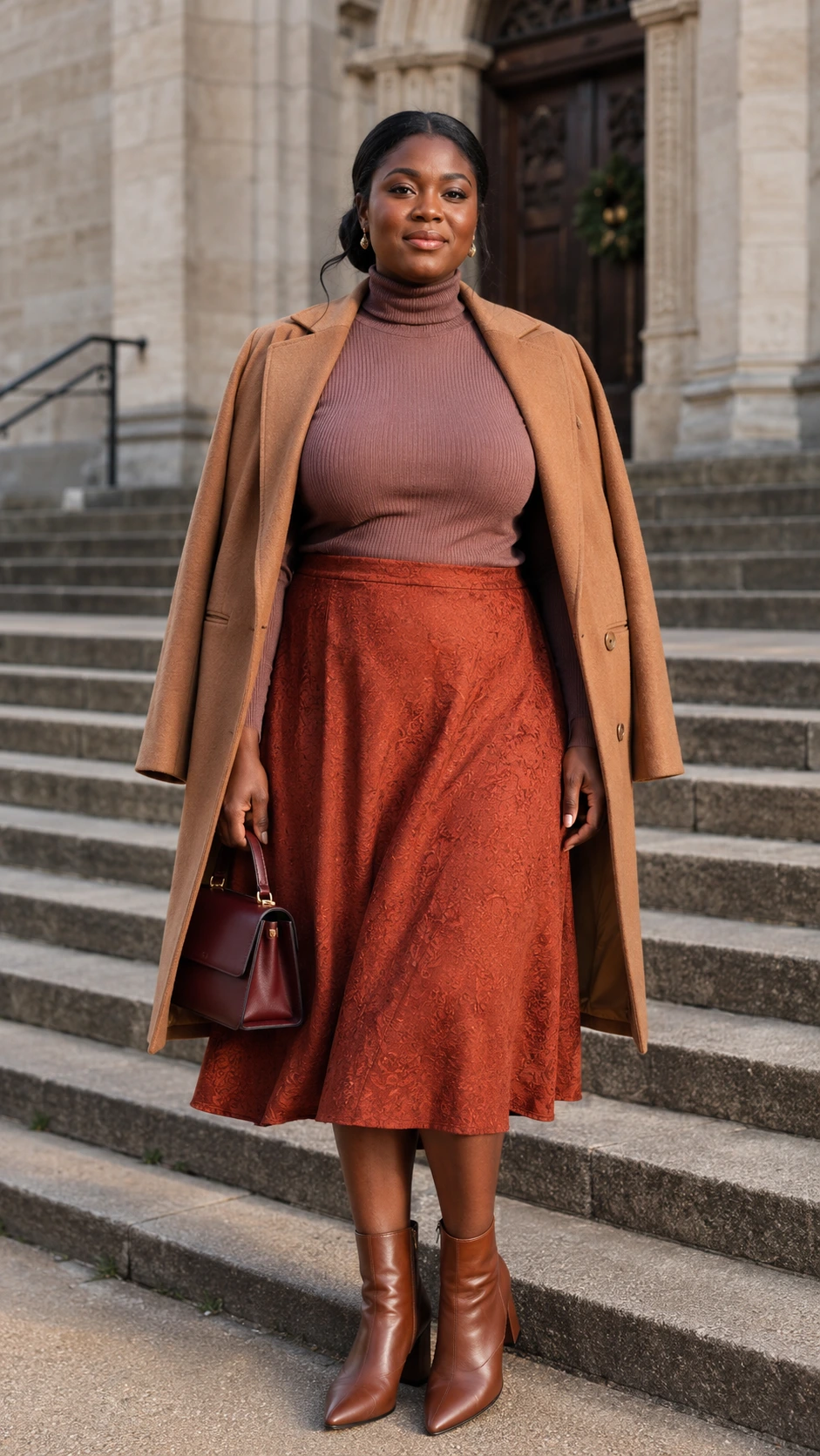 Woman in dusty mauve turtleneck and rust jacquard midi skirt standing at stone church steps — a polished fall church outfit