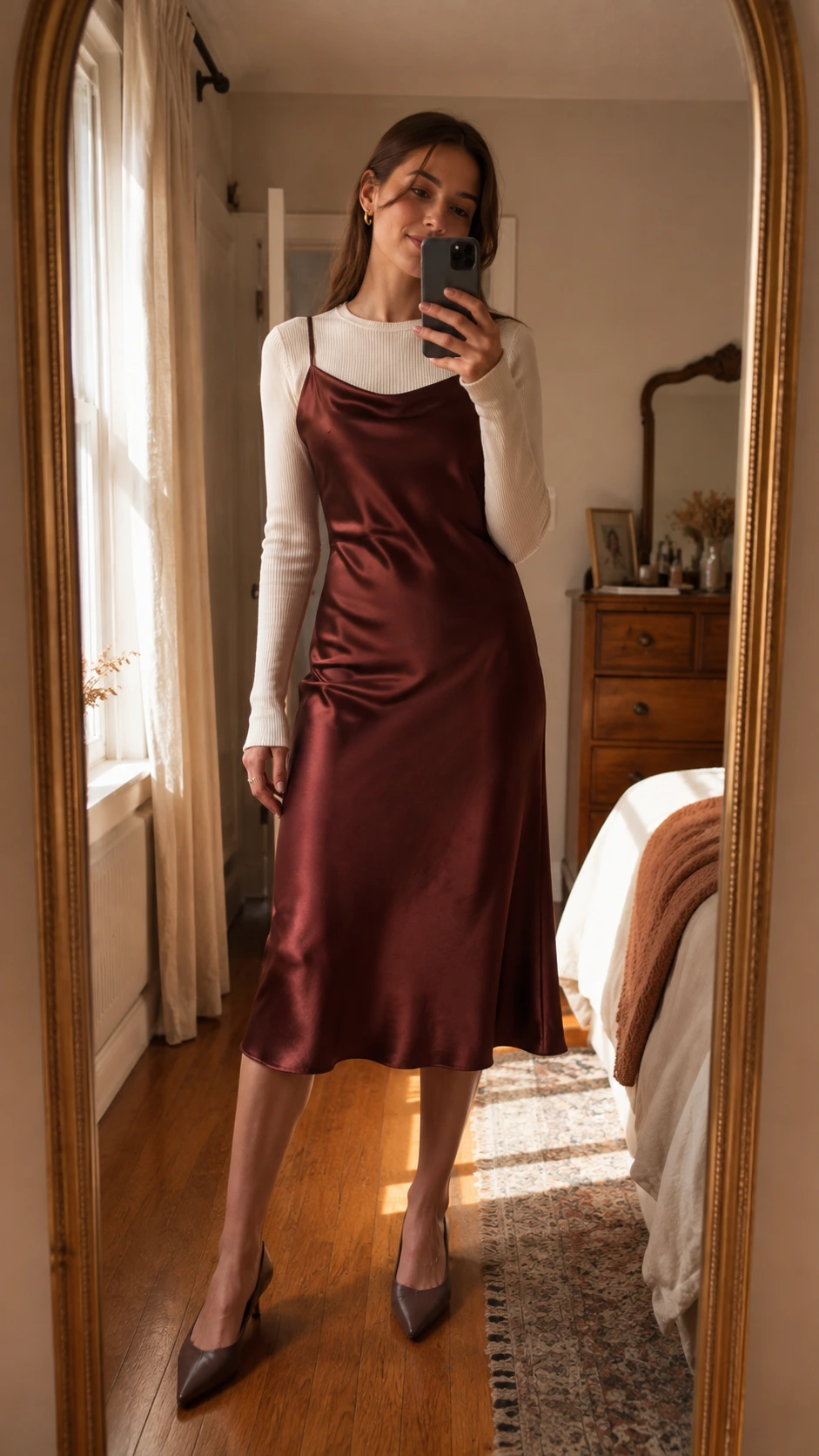 Young woman in a mirror selfie wearing a burgundy silk midi slip dress layered over an ivory ribbed long sleeve top, a wearable Thanksgiving outfit idea