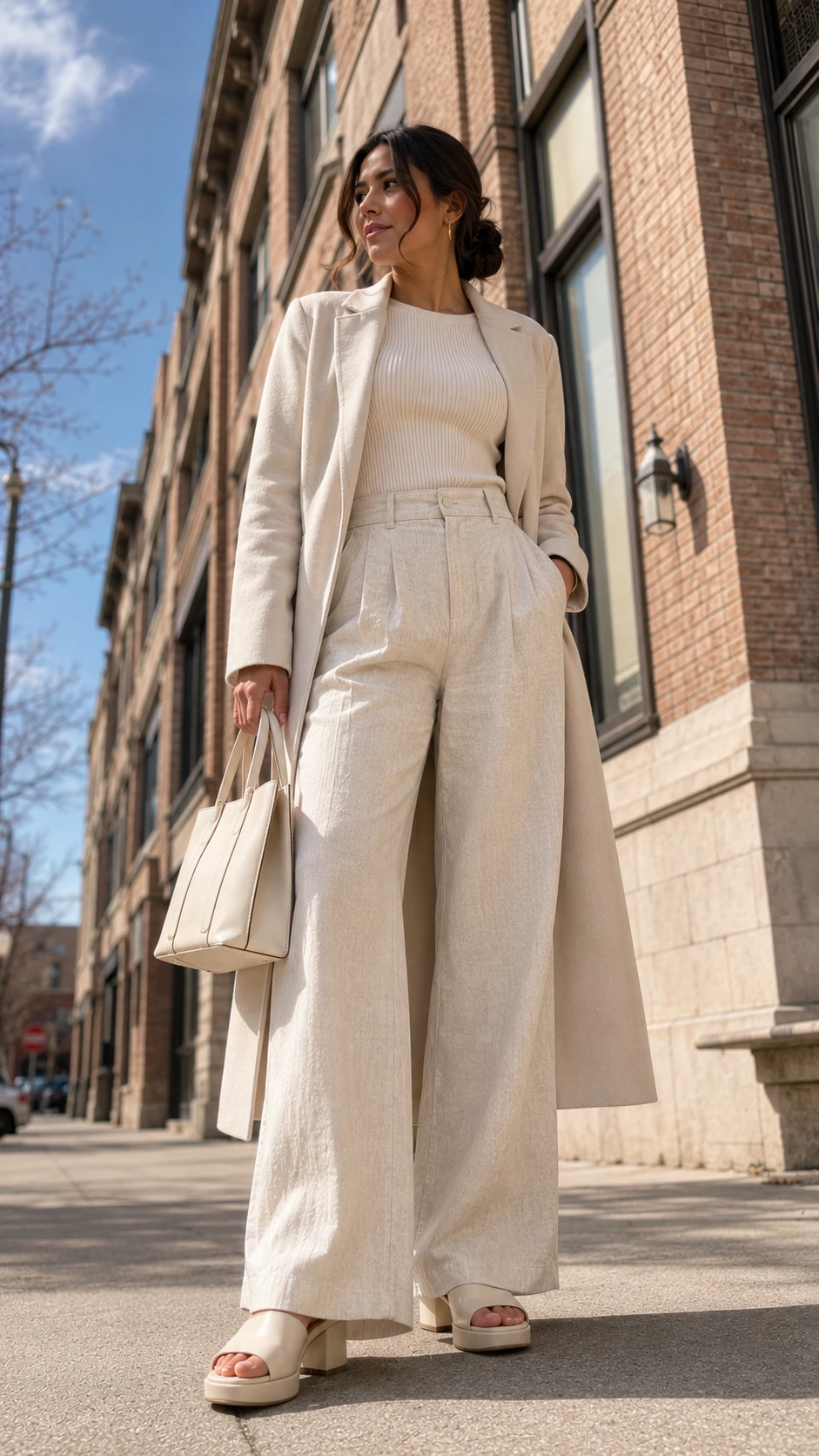 Petite woman in head-to-toe ivory monochrome outfit with wide-leg pants and chunky mules, shot from low angle to maximize the lengthening effect