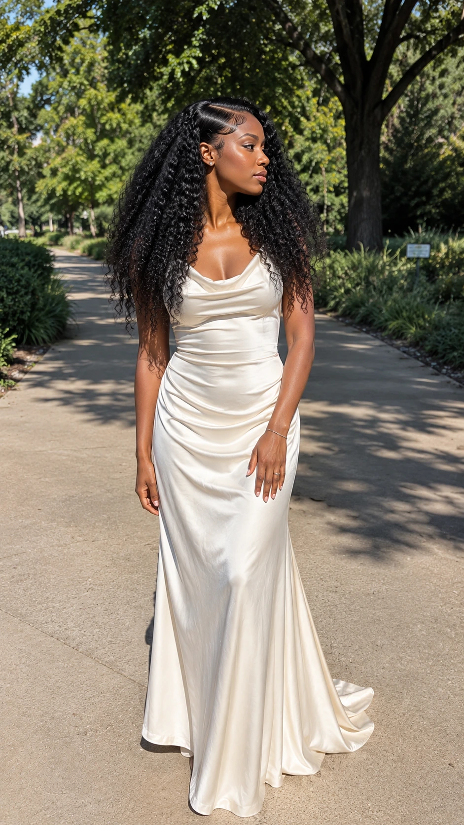 Black bride with natural hair worn down, edges laid precisely in smooth waves curving at her forehead—a stunning bridal open hairstyle in full bloom