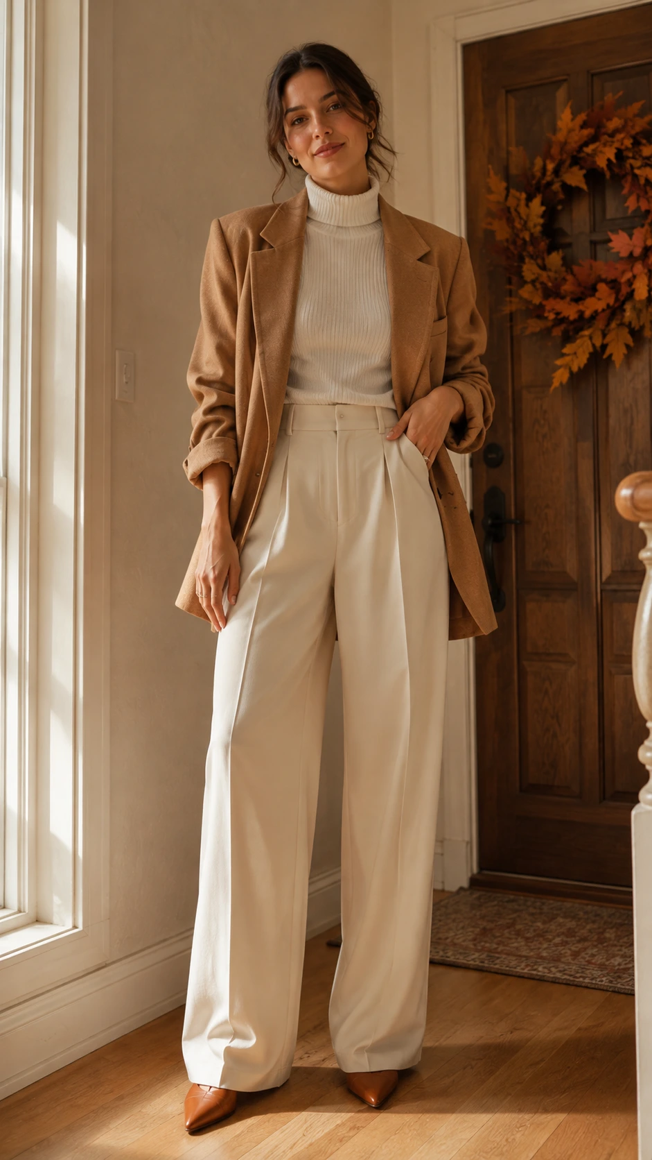 Woman in oversized caramel-tan blazer and wide-leg ivory trousers with cognac mules — a polished Thanksgiving outfit that feels effortlessly dressed up