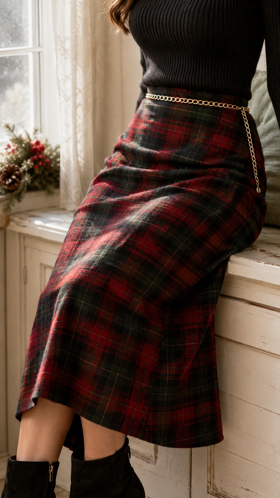Rich tartan plaid midi skirt in deep red, hunter green, and black paired with a black turtleneck, soft winter light catching the wool texture — a polished Christmas brunch outfit