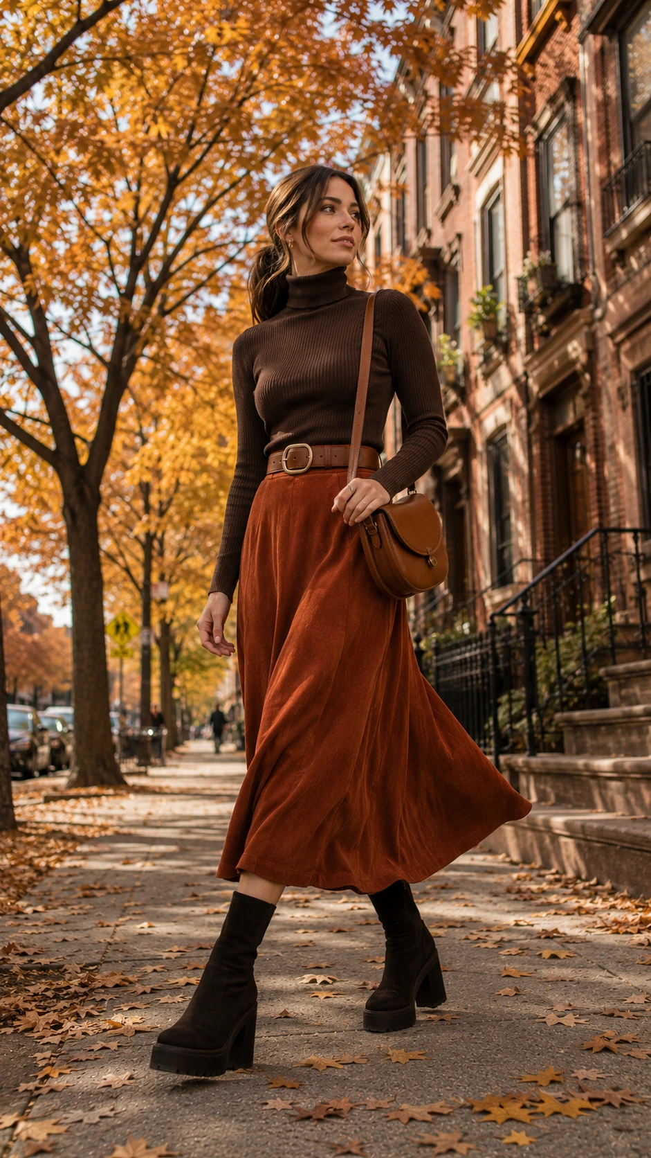 Woman in chunky black suede platform boots and rust-orange midi skirt walking a tree-lined sidewalk, capturing the 70s fall outfits height trend