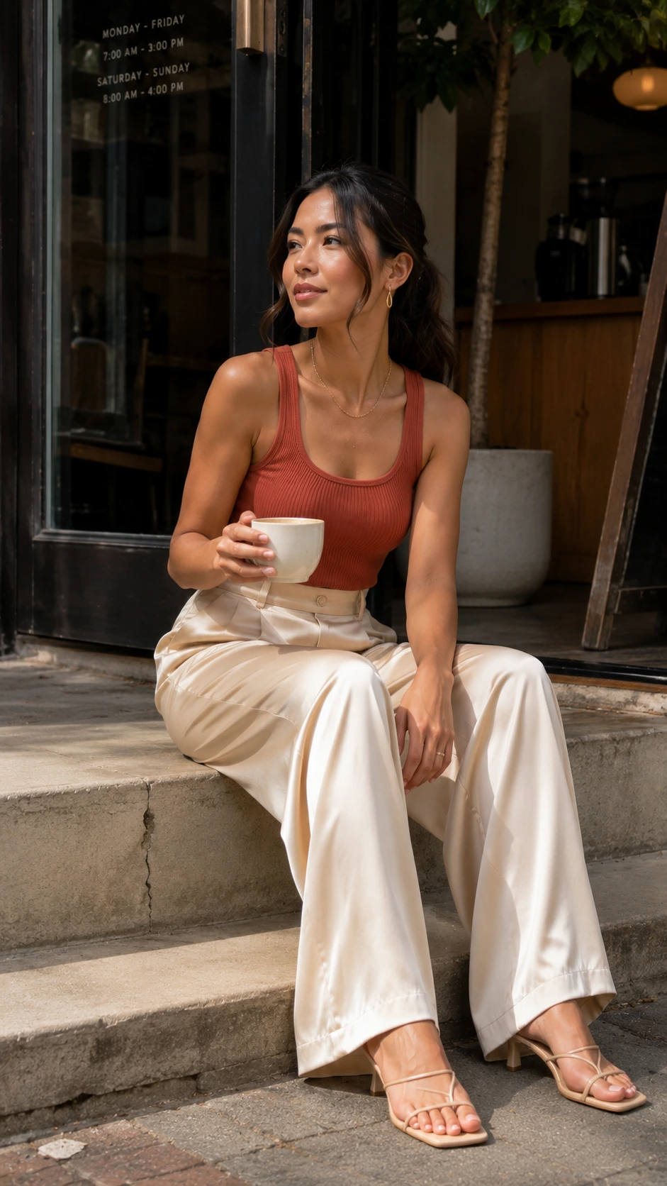 Petite woman in fluid silk charmeuse wide-leg pants seated casually outside a café, showing how lightweight fabric drapes cleanly for a lengthening silhouette
