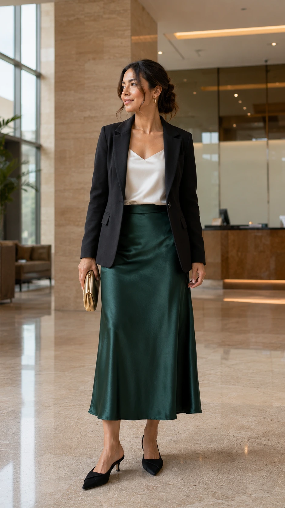 Woman in emerald green satin midi skirt and fitted blazer styled for a Christmas work dinner in a bright office lobby