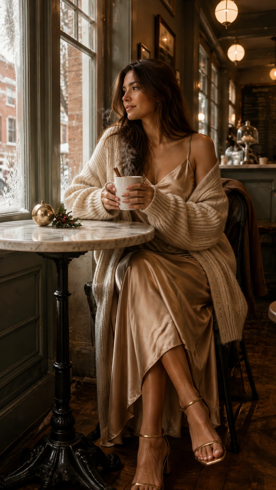 Woman in champagne satin slip dress layered under an oversized chunky cardigan holds hot cocoa at a frost-edged café window, nailing effortless Christmas brunch outfit elegance