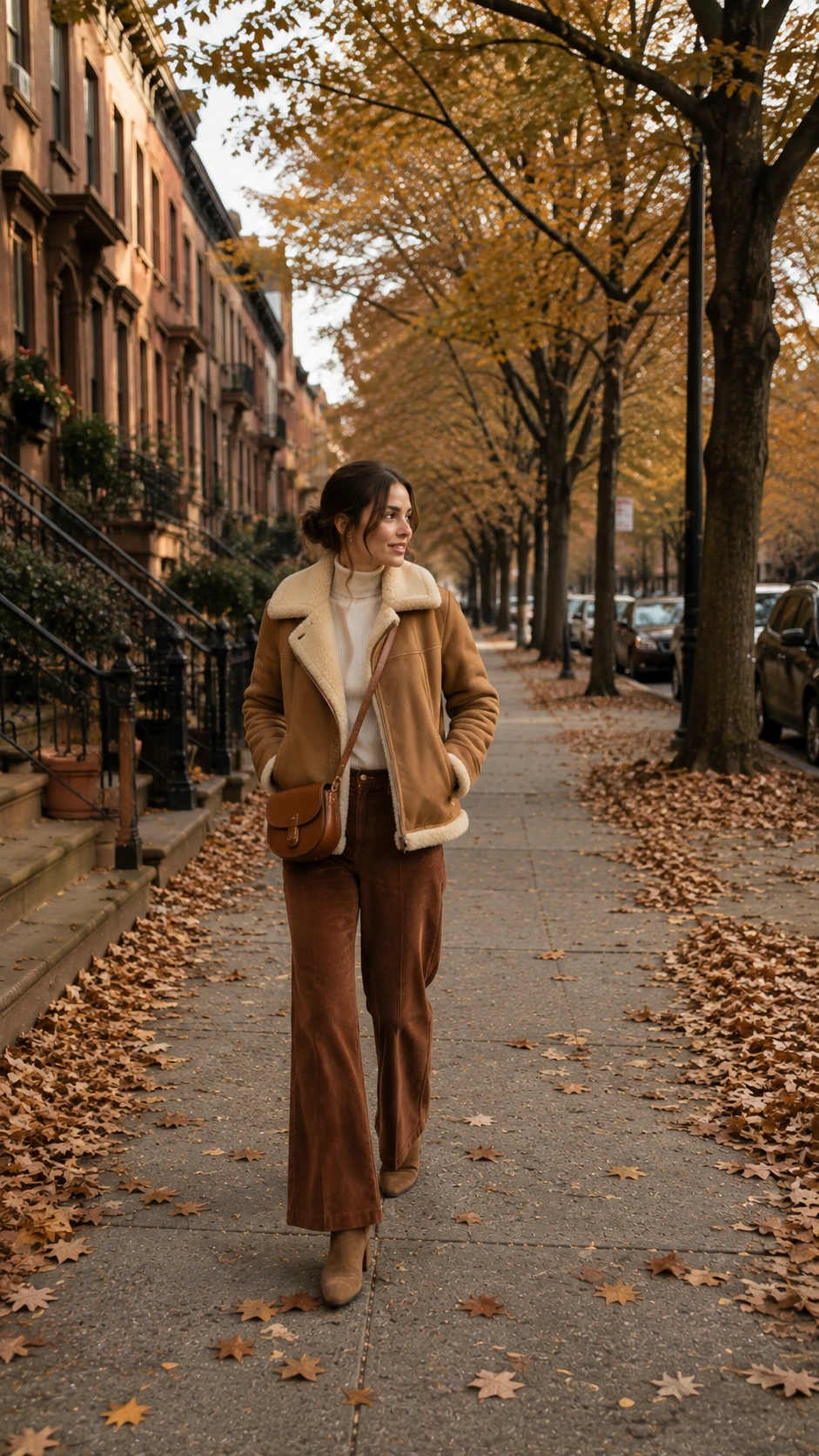 Woman in camel shearling jacket walks a leaf-covered autumn sidewalk, capturing the cozy 70s fall outfits vibe with warm tones and effortless styling