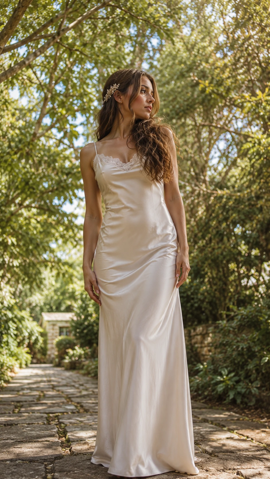 Bride standing on a garden stone path with long softly waved side-swept open hair adorned with a delicate floral pin, shot from below in natural light
