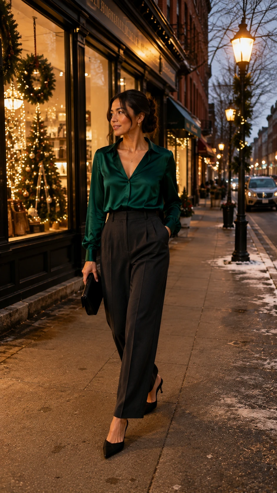 Woman in emerald green silk blouse tucked into high-waisted charcoal tailored trousers walking a city street at dusk, a polished Christmas work dinner outfit