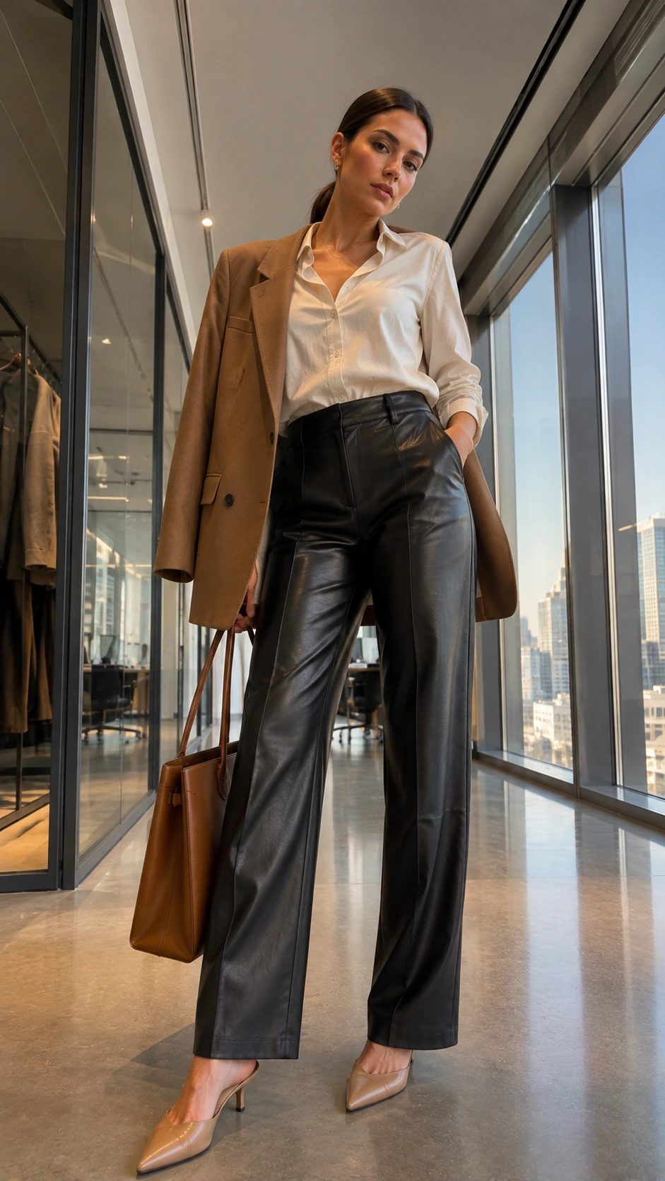 Tailored straight-leg black leather pants paired with an ivory button-down and camel blazer for a polished leather pants outfit work look