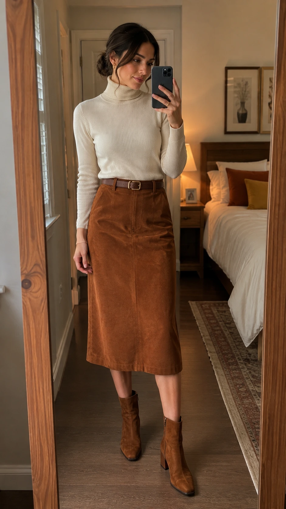 Woman in cognac suede midi skirt poses for mirror selfie, showcasing a key 70s fall outfits piece with earthy warm-toned styling